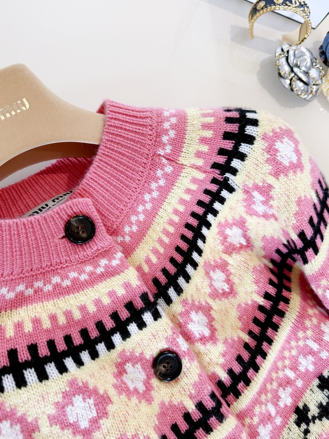 Miumiu 2025 Patterned Knit Cardigan Pink Cashmere