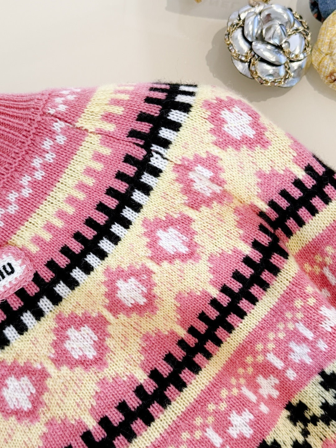 Miumiu 2025 Patterned Knit Cardigan Pink Cashmere