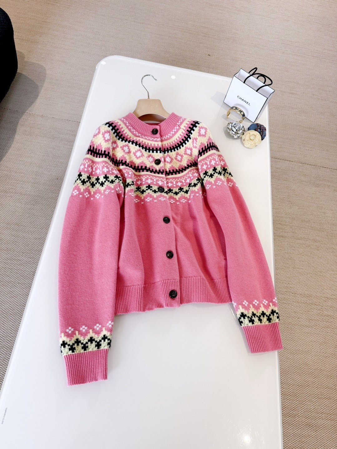 Miumiu 2025 Patterned Knit Cardigan Pink Cashmere