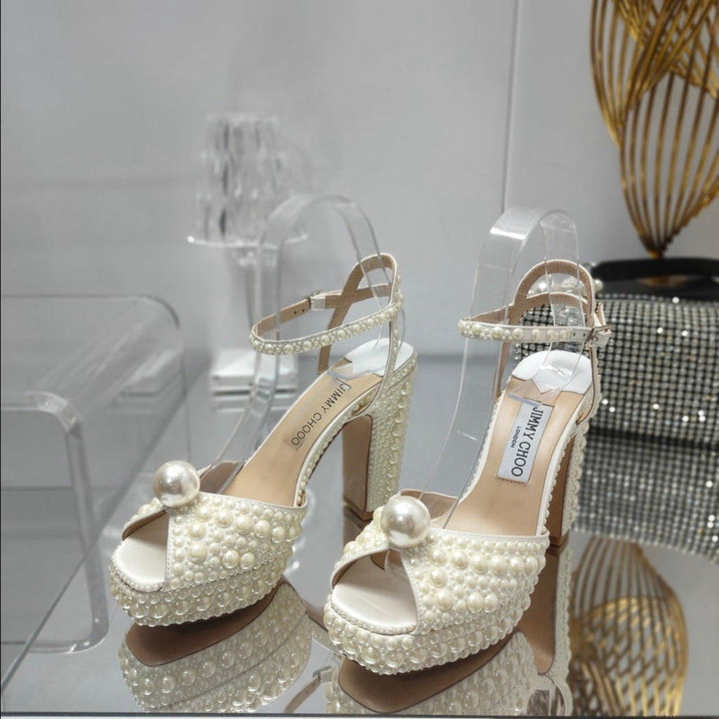 Jimmy Choo Platform Heel 115mm Sandals Ivory Pearls Silk