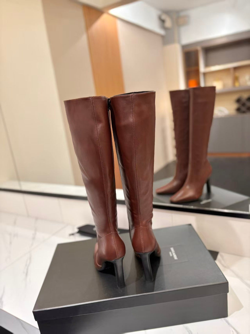 YSL Lily Long Boots 9cm Brown Cowhide