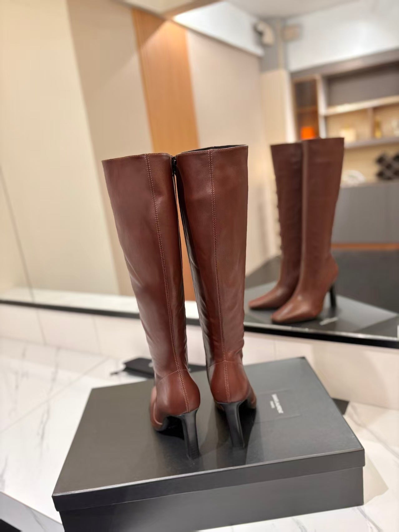 YSL Lily Long Boots 9cm Brown Cowhide