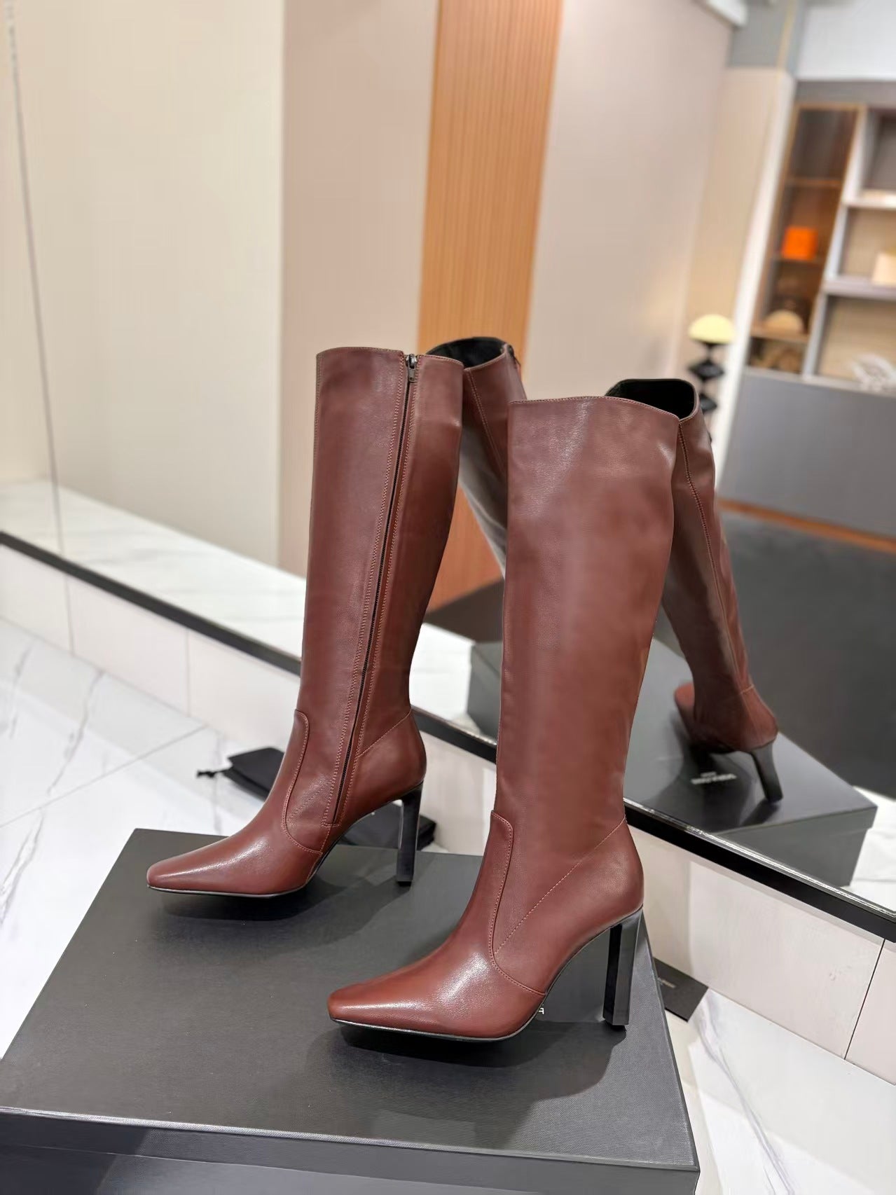 YSL Lily Long Boots 9cm Brown Cowhide