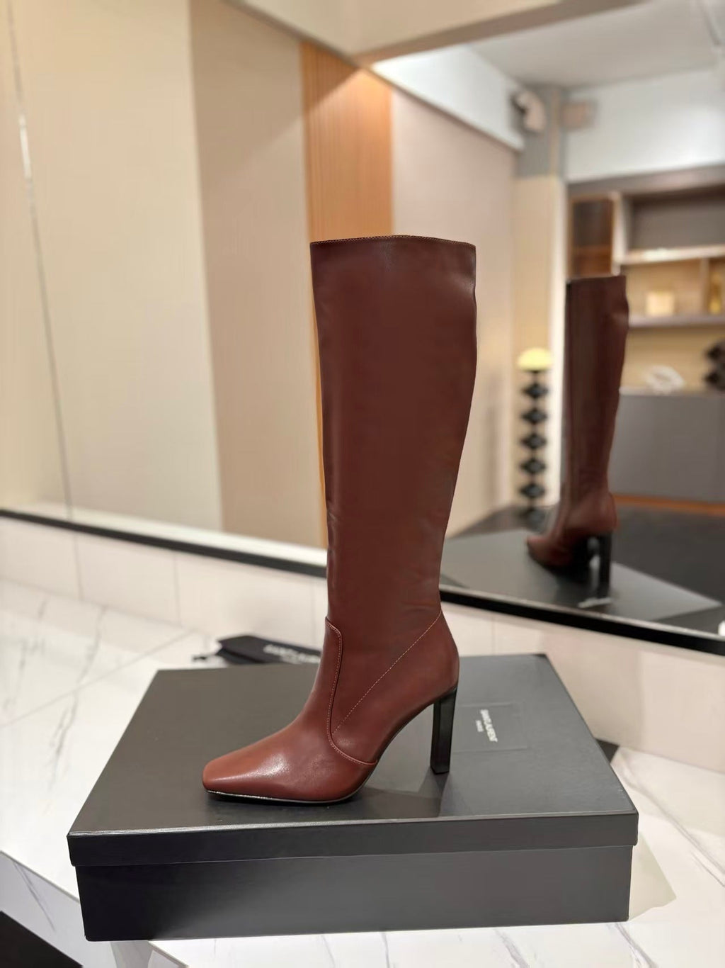 YSL Lily Long Boots 9cm Brown Cowhide