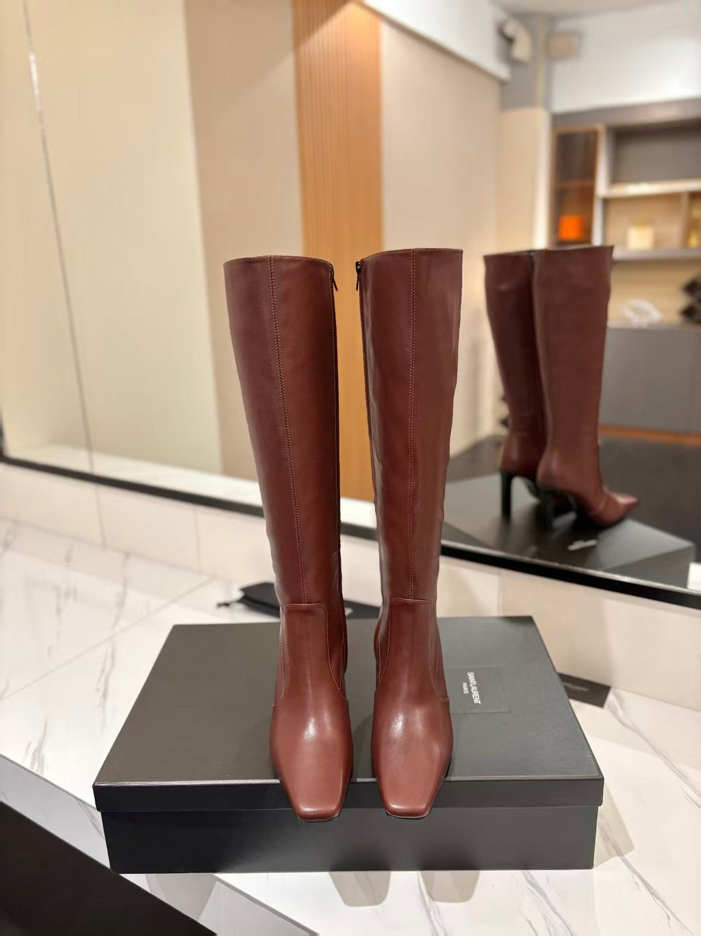 YSL Lily Long Boots 9cm Brown Cowhide
