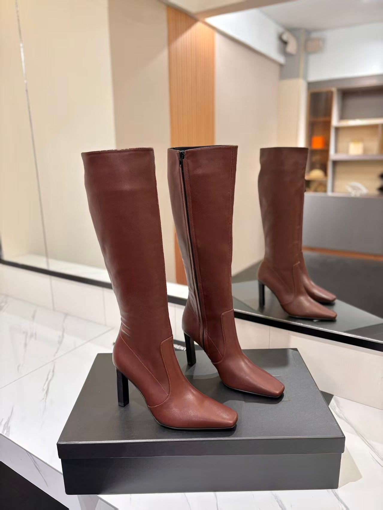 YSL Lily Long Boots 9cm Brown Cowhide