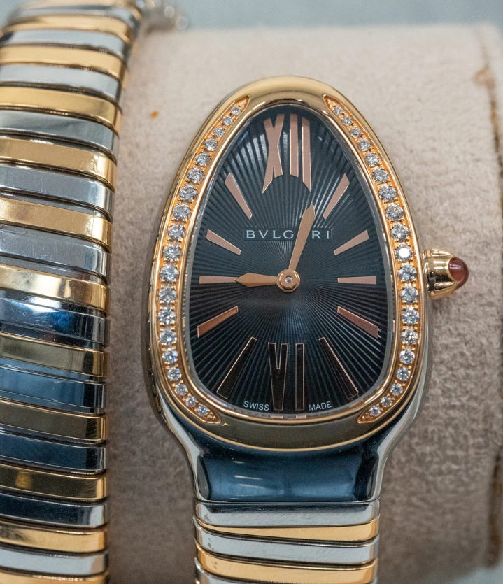 Bulgari Serpenti Tubogas 35mm Steel and Gold Diamond Quartz Black Dial Watch