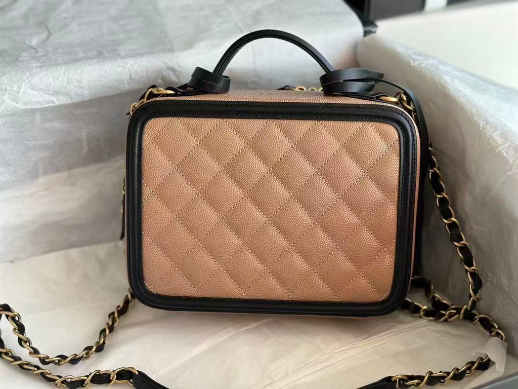 CC Filigree Vanity Case Satchel Beige Small Caviar Leather