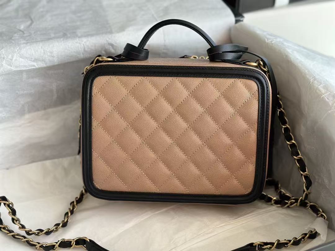 CC Filigree Vanity Case Satchel Beige Small Caviar Leather