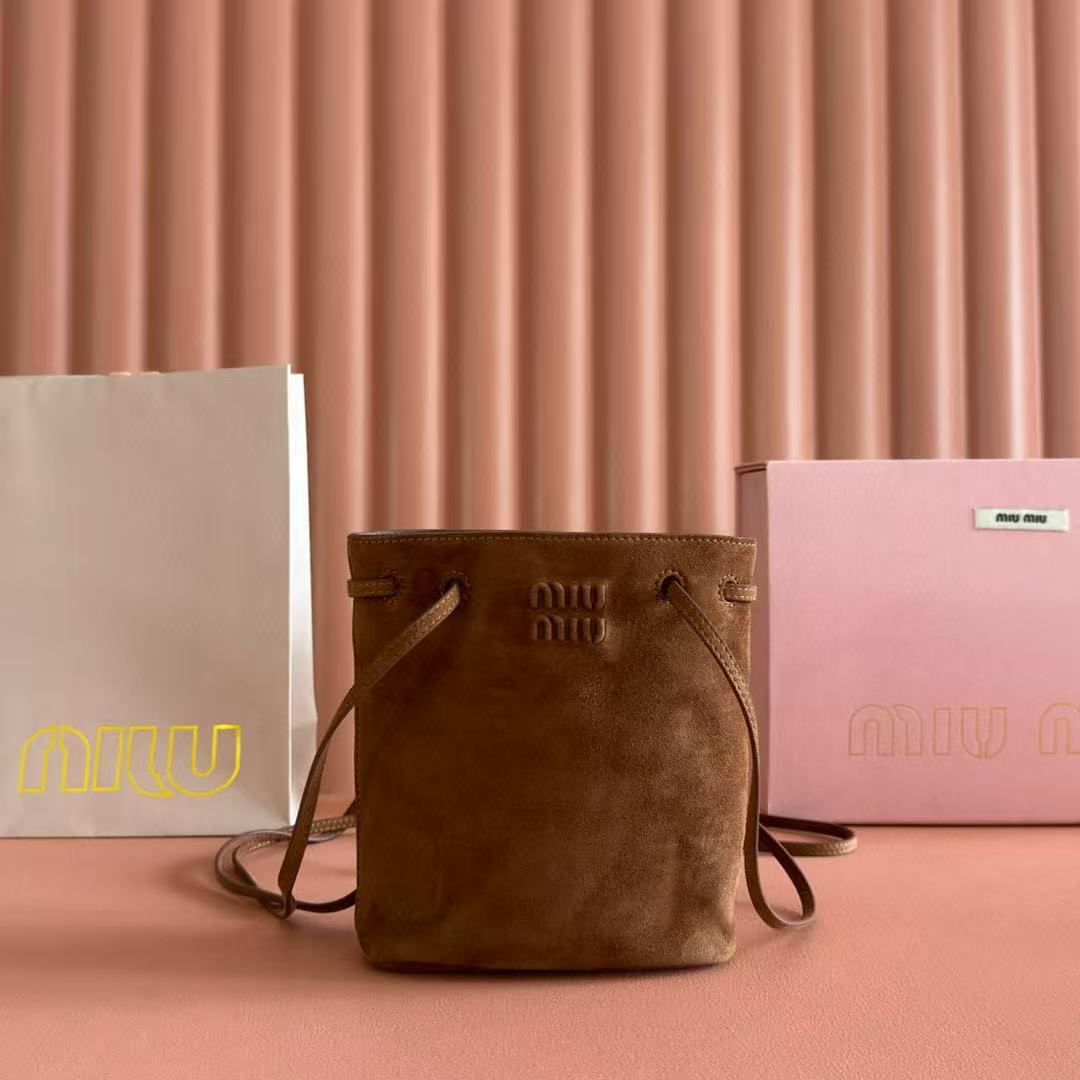 Miu Bucket Bag 14cm Brown Suede