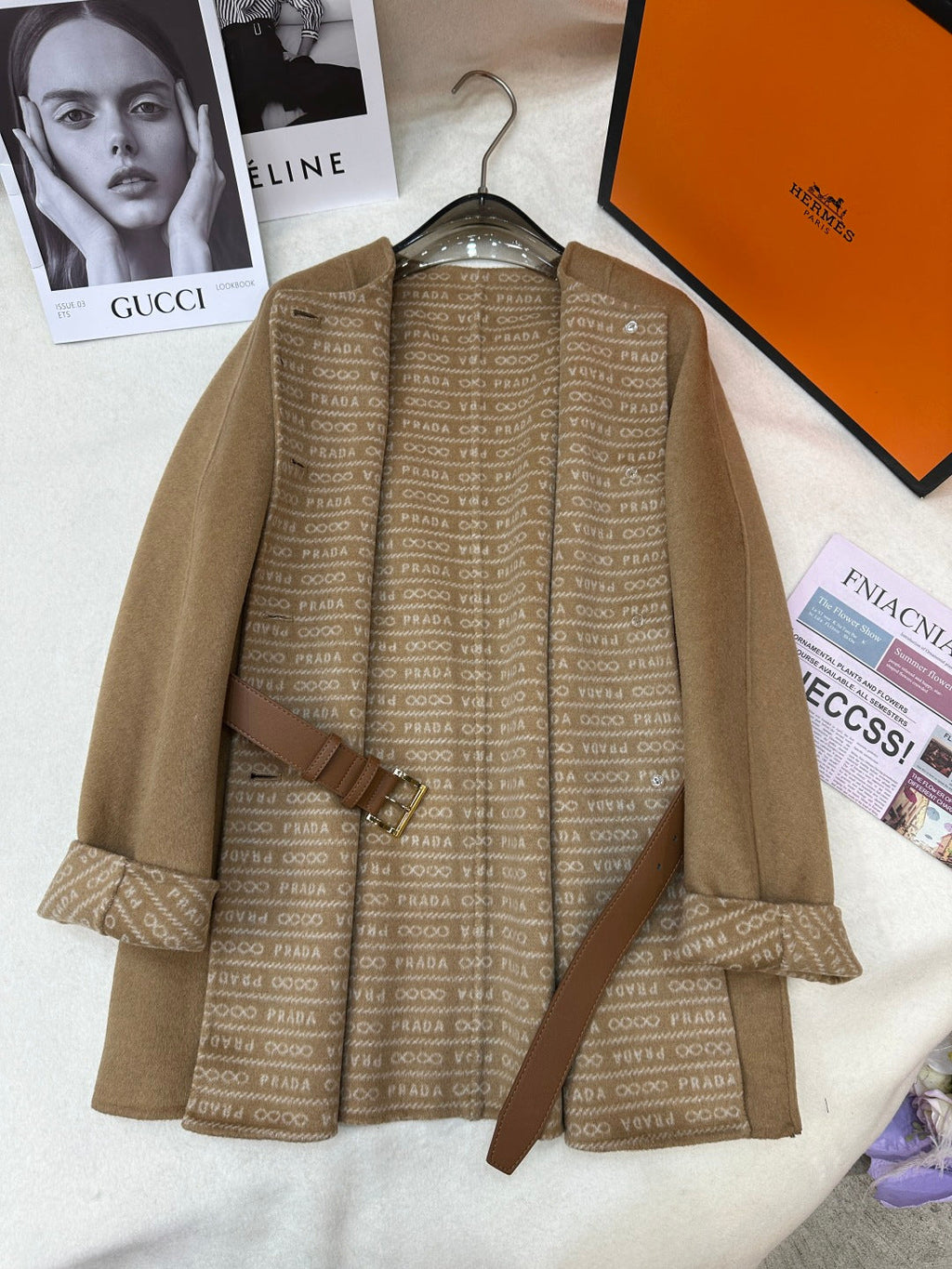 Prada 25 Mid-length Coat Camel Wool 637360