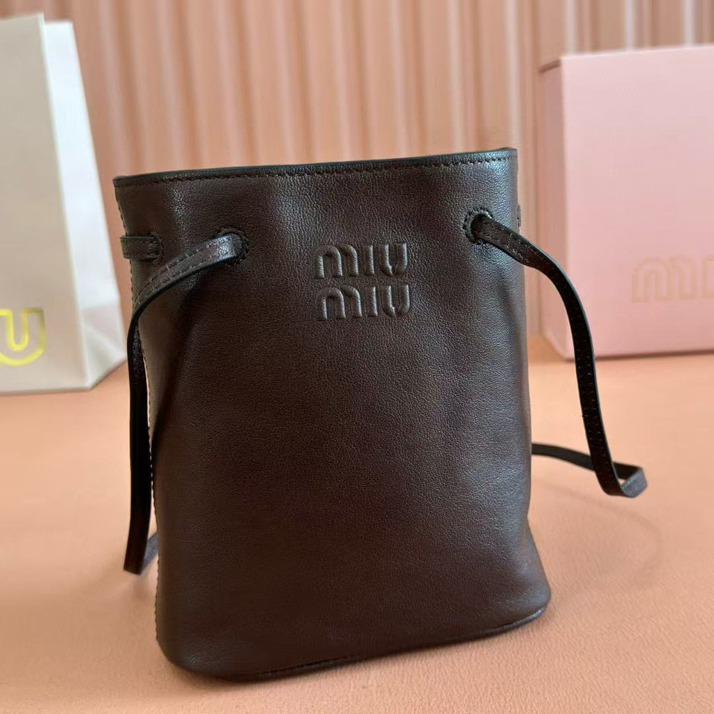Miu Bucket Bag 14cm Coffee Grain Leather