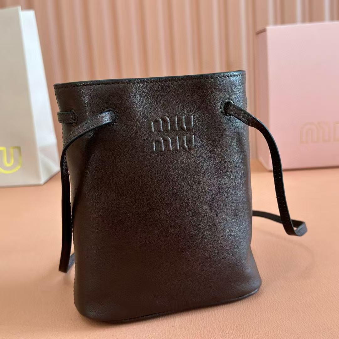 Miu Bucket Bag 14cm Coffee Grain Leather