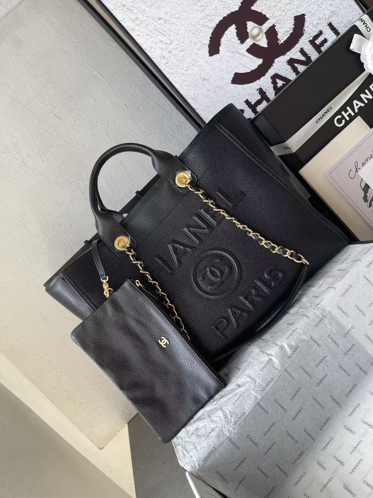 CC 2025 Deauville Tote Bag Black Leather GHW