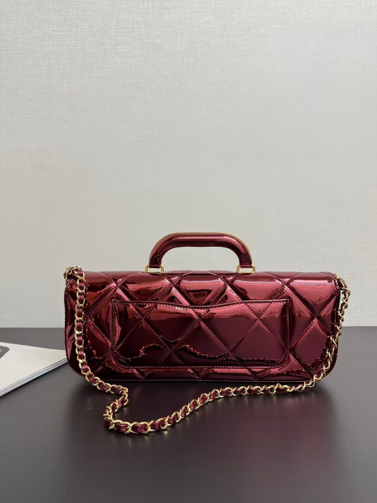 CC Large Flap Bag With Top Handle Burgundy Metallic Calfskin GHW