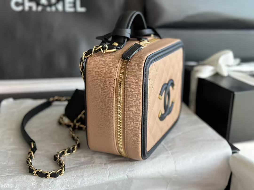 CC Filigree Vanity Case Satchel Beige Small Caviar Leather