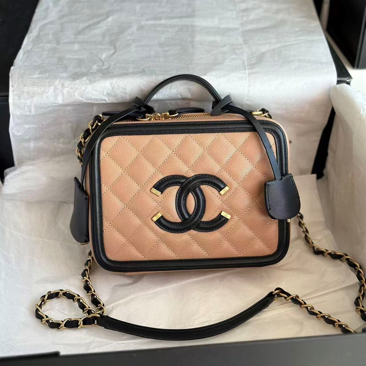 CC Filigree Vanity Case Satchel Beige Small Caviar Leather