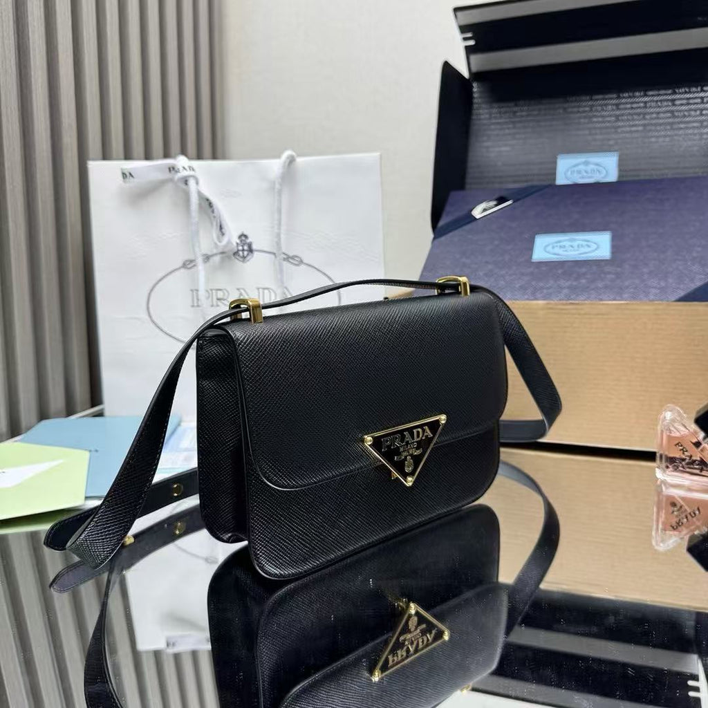 Prada Embleme Shoulder Bag Black Saffiano Leather