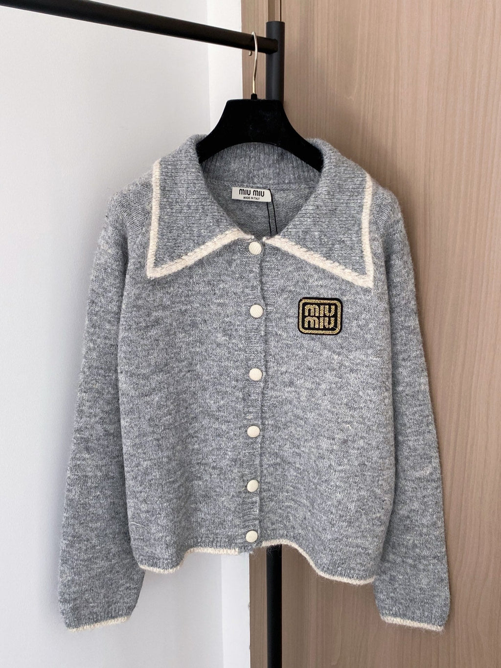 Miumiu 2025 Patch Cardigan Gray and Beige Wool