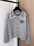 Miumiu 2025 Patch Cardigan Gray and Beige Wool