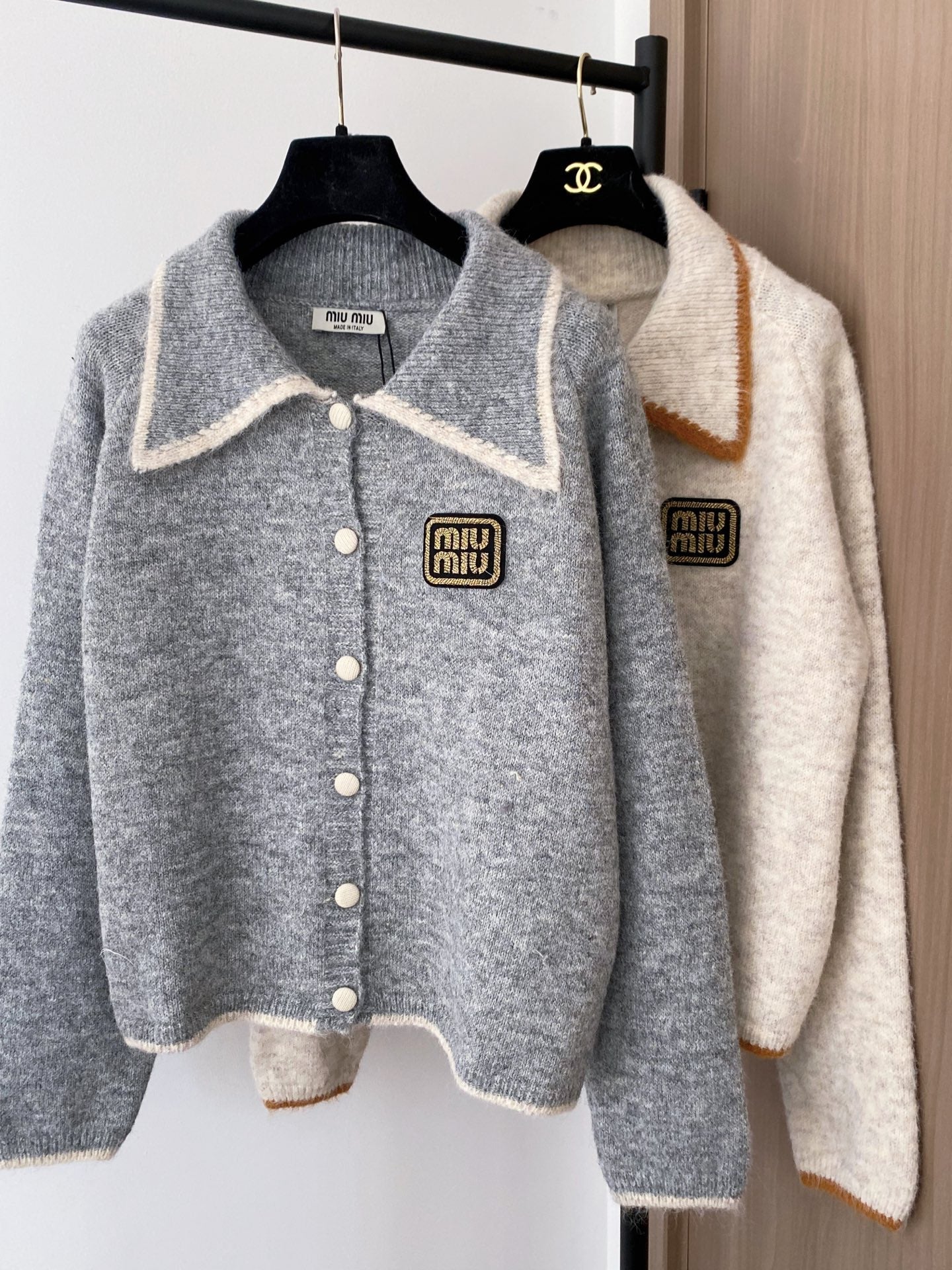 Miumiu 2025 Patch Cardigan Gray and Beige Wool
