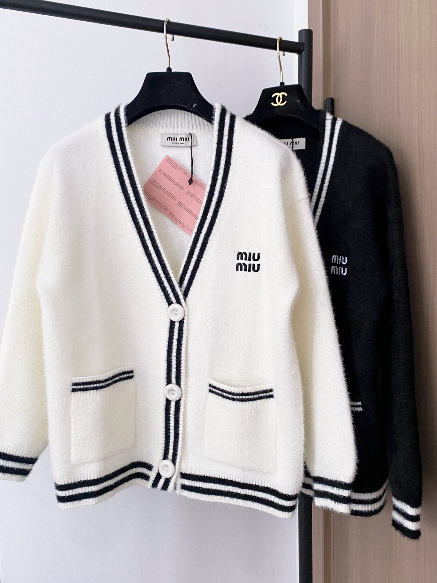 Miumiu 2025 Two-Tone Cardigan Black and White Wool