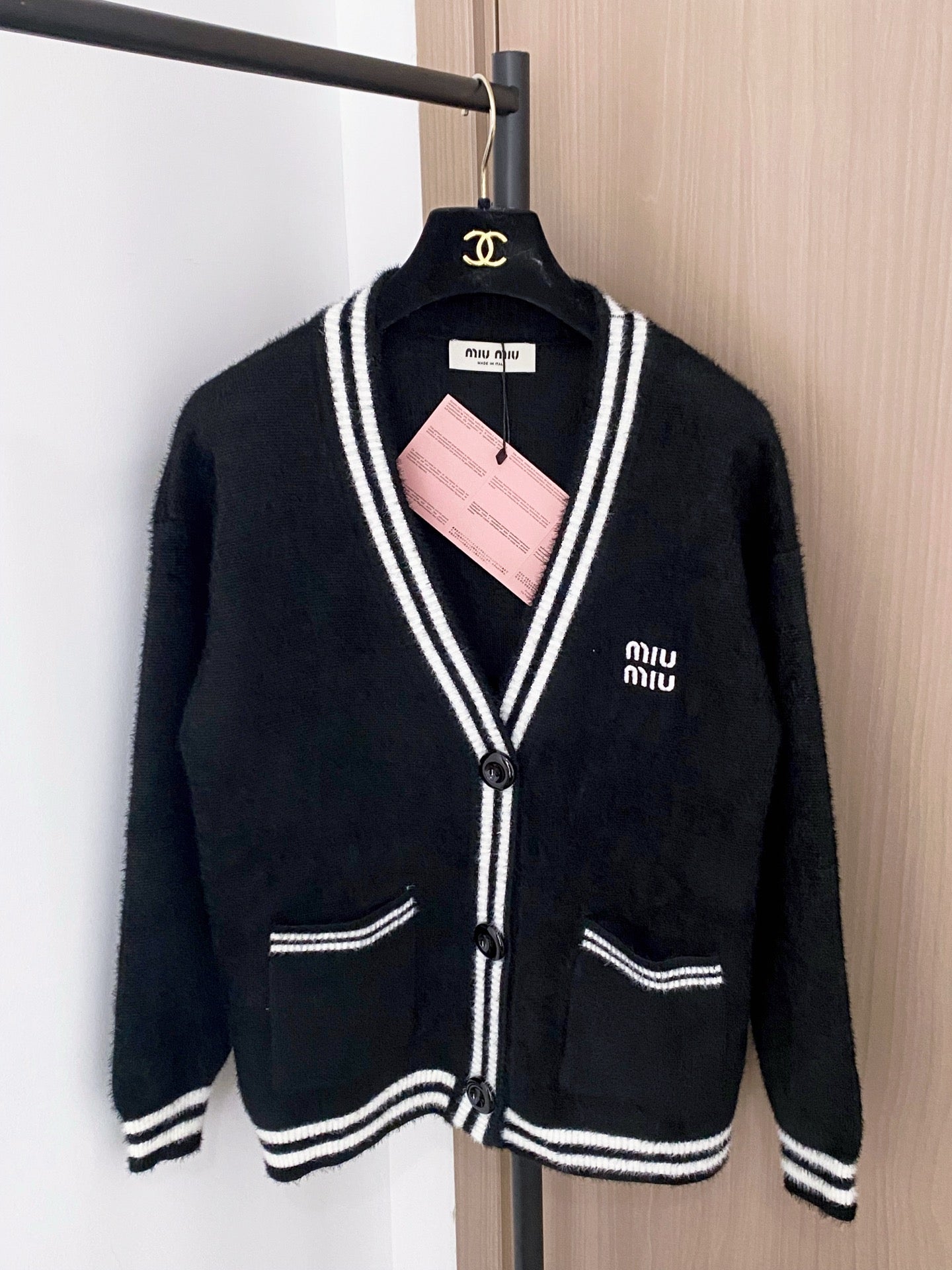 Miumiu 2025 Two-Tone Cardigan Black and White Wool