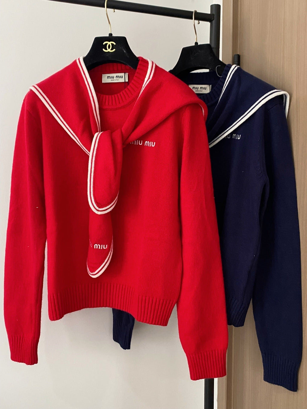 Miumiu 2025 Sailor Sweater Red and Navy Blue Wool