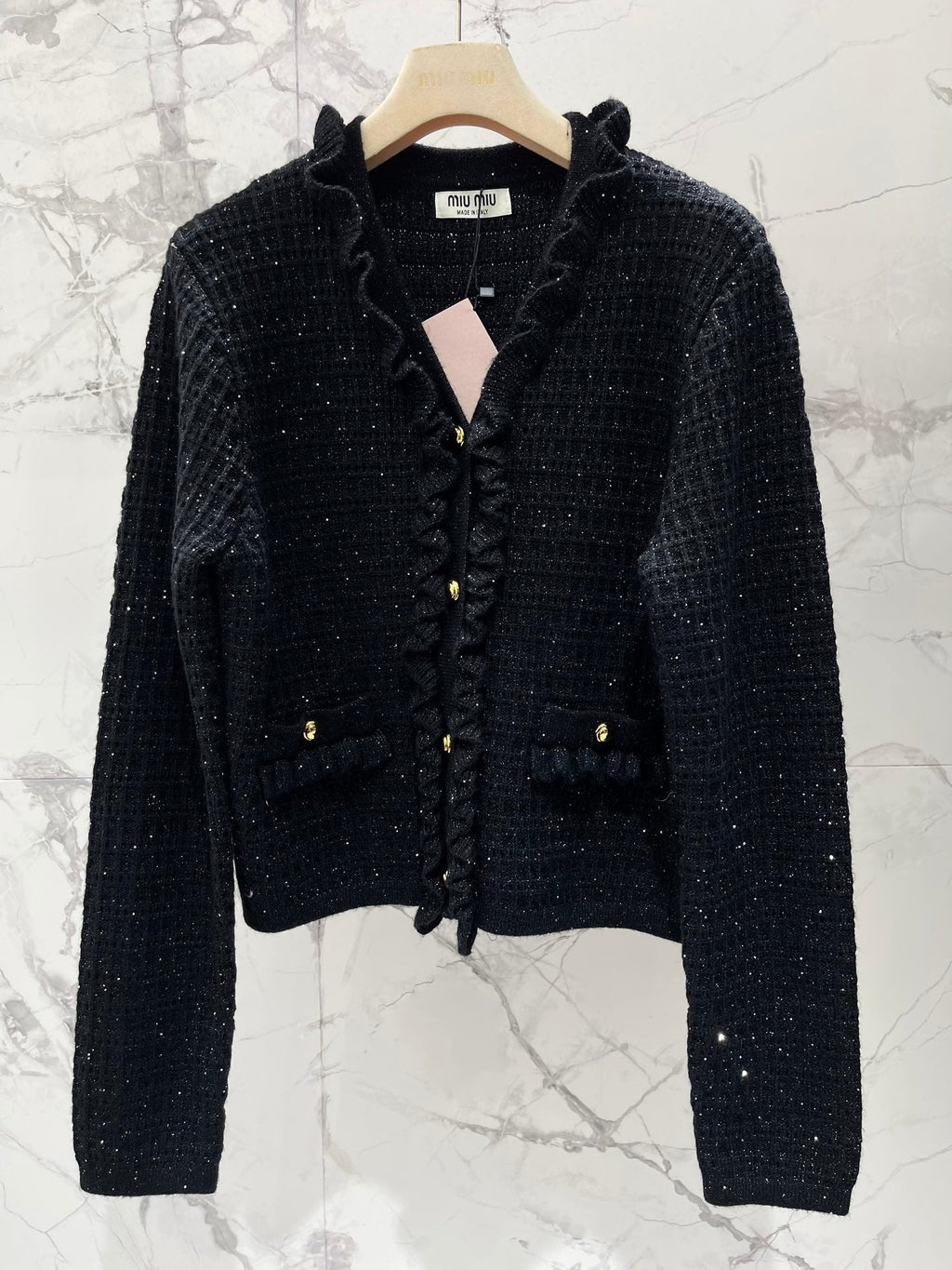 Miumiu 2025 Ruffled V-Neck Knit Cardigan Wool