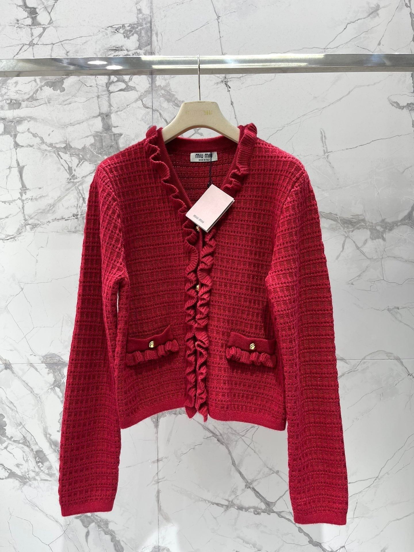Miumiu 2025 Ruffled V-Neck Knit Cardigan Wool