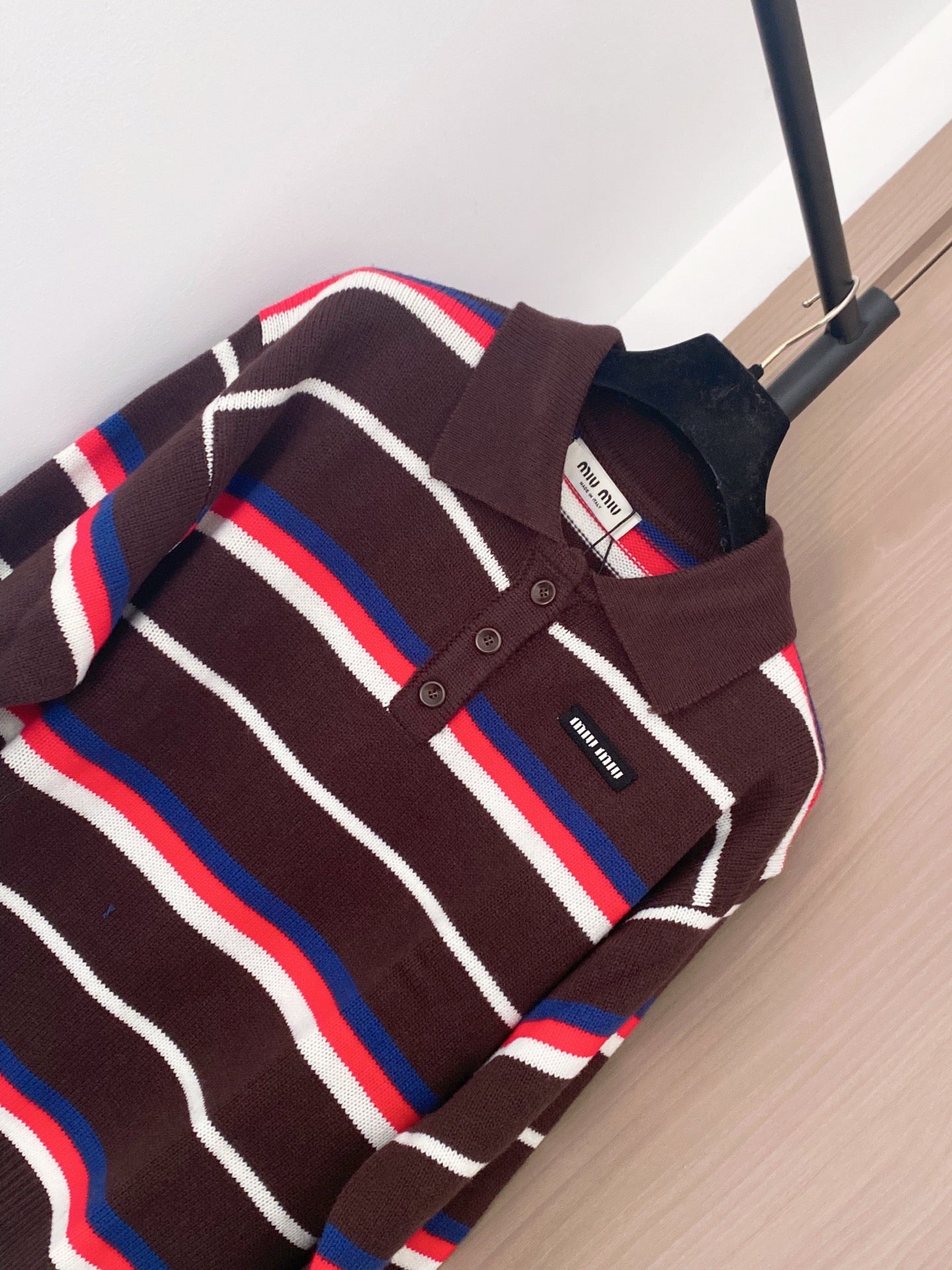Miumiu 2025 Striped Knit Polo Shirt Blue and Brown Wool
