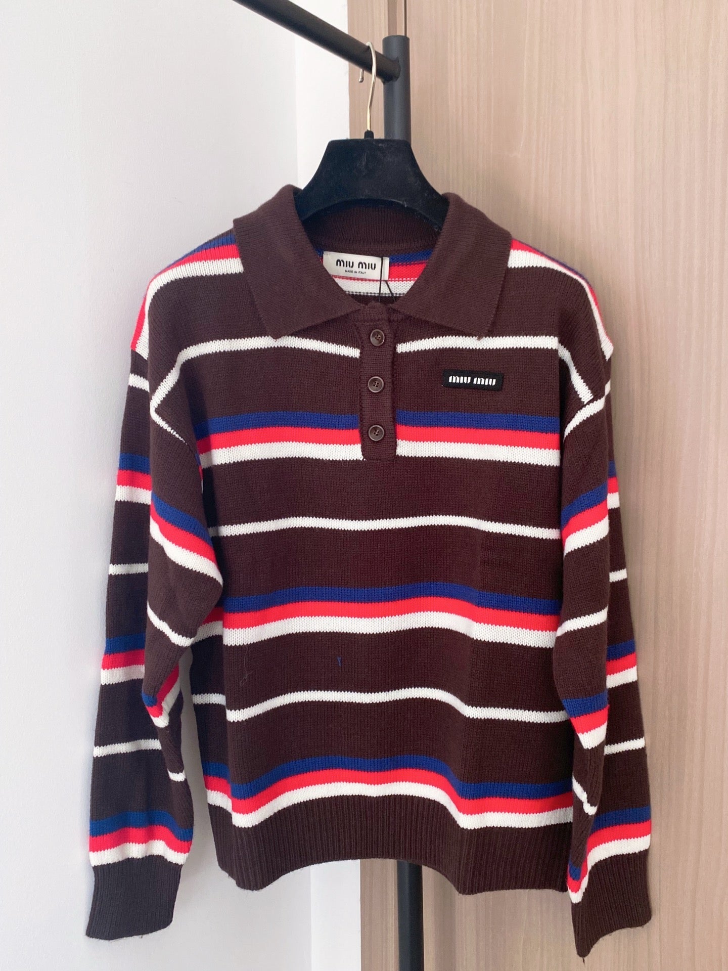 Miumiu 2025 Striped Knit Polo Shirt Blue and Brown Wool