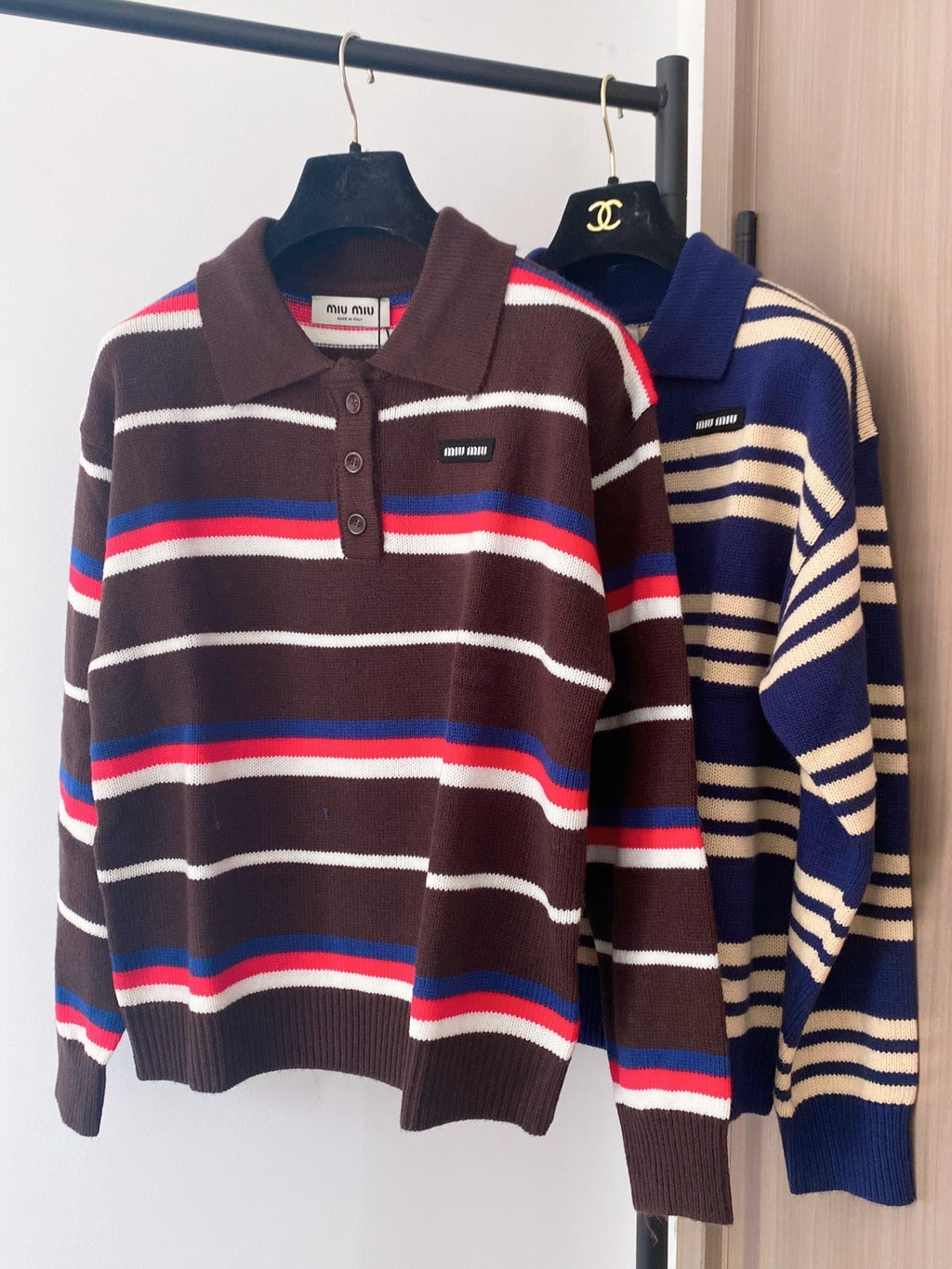 Miumiu 2025 Striped Knit Polo Shirt Blue and Brown Wool