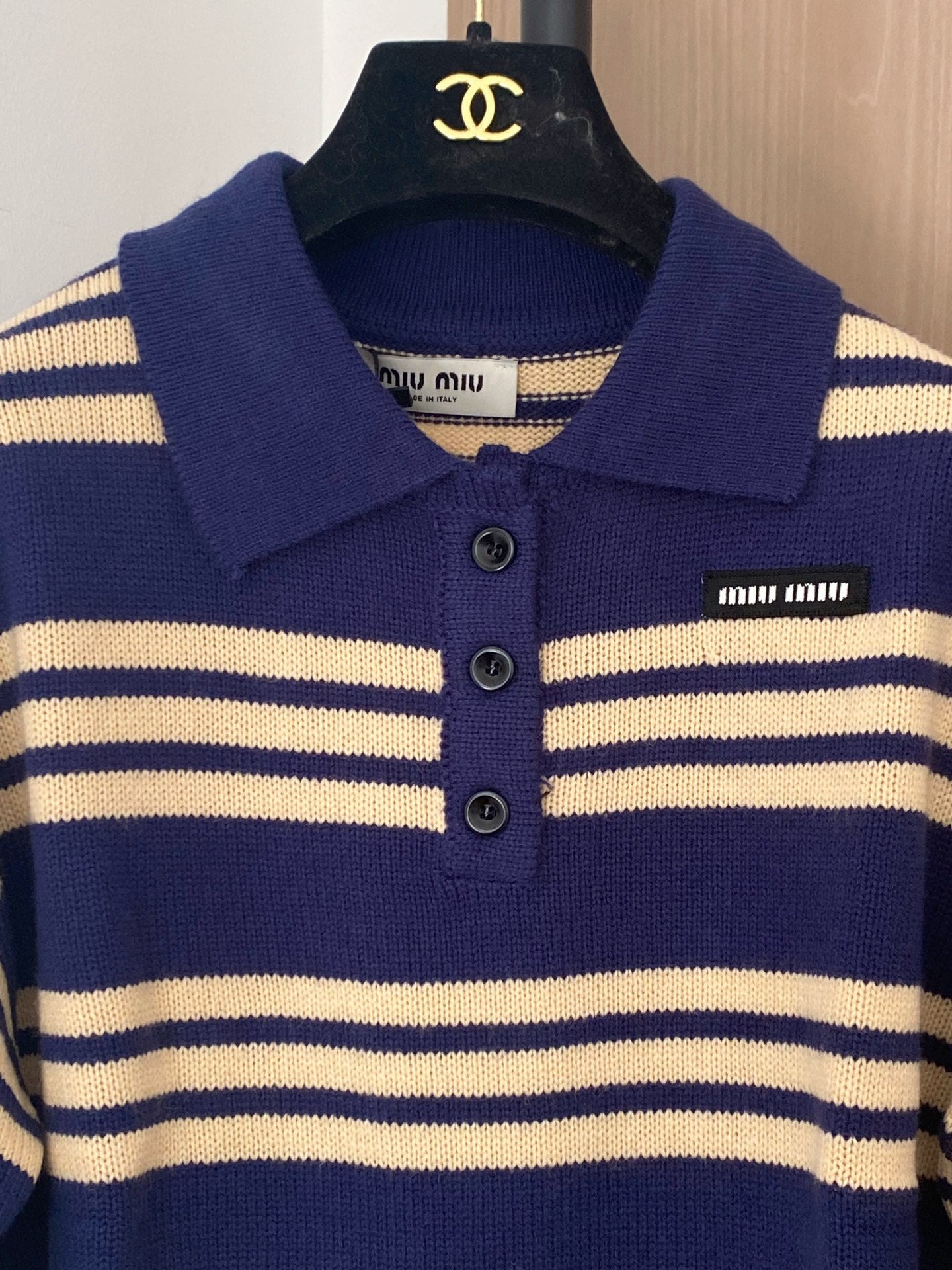 Miumiu 2025 Striped Knit Polo Shirt Blue and Brown Wool