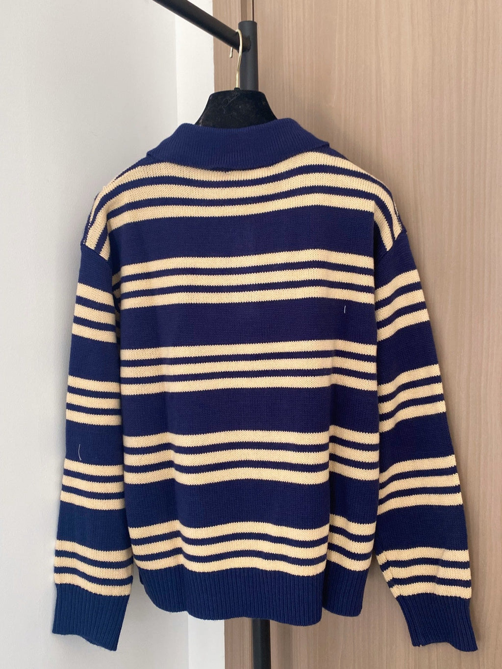 Miumiu 2025 Striped Knit Polo Shirt Blue and Brown Wool