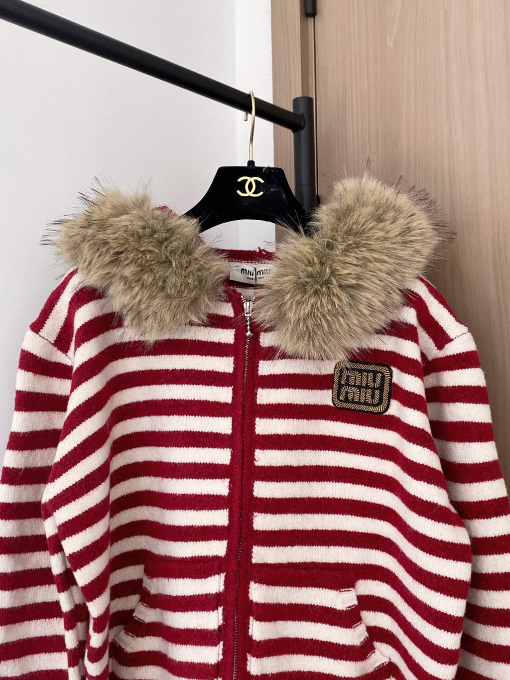 Miumiu 2025 Fur Hoodie Stripe Jacket Wool