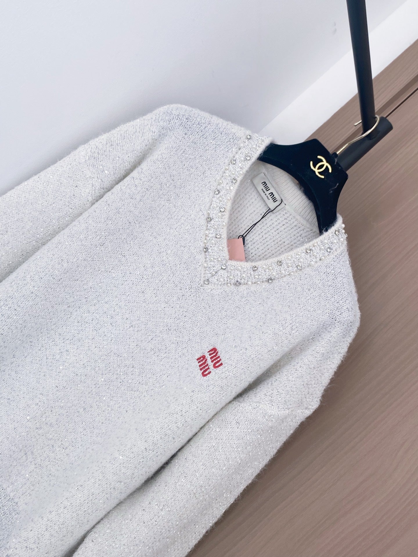 Miumiu 2025 Long-Sleeve Shirt with Logo Embellishment Wool