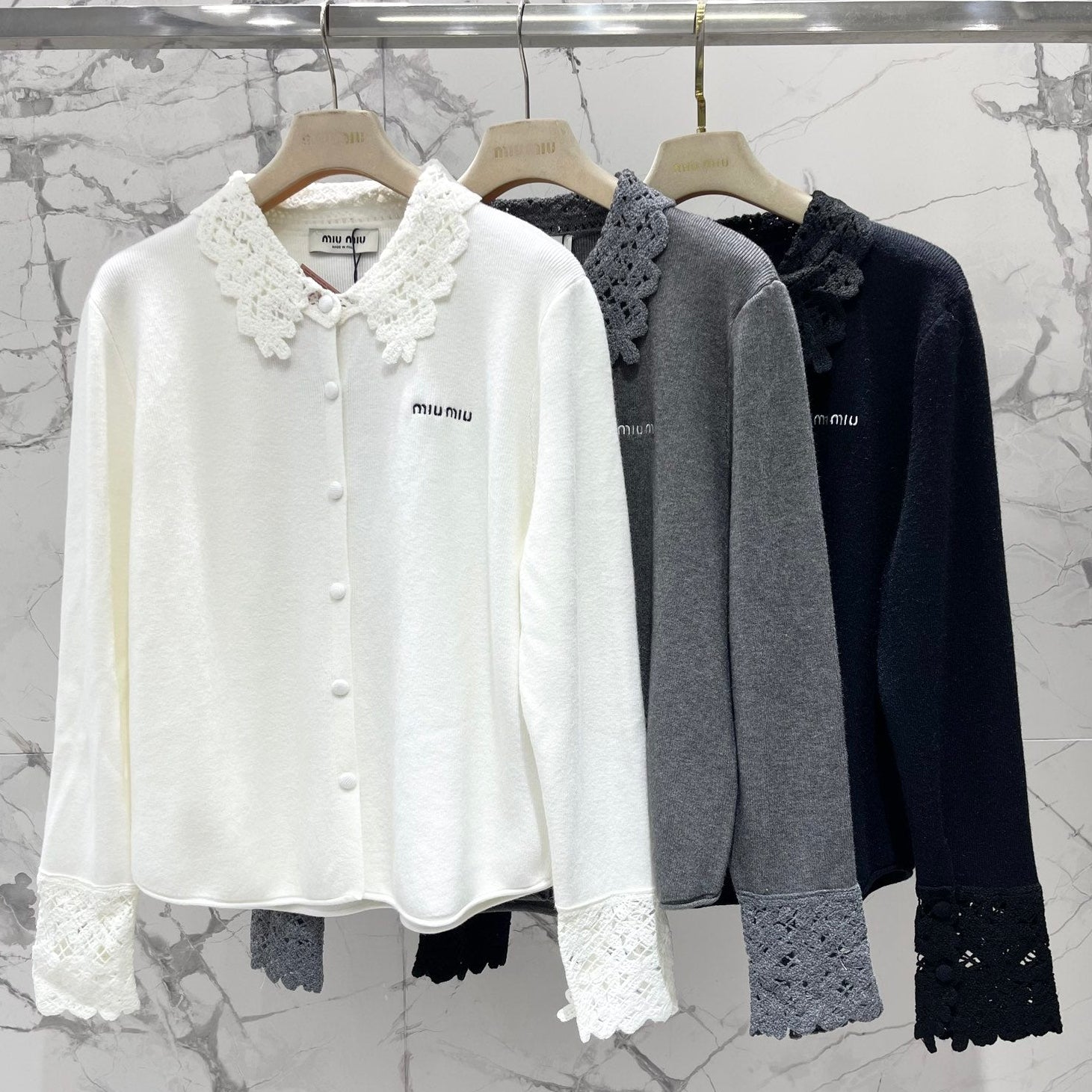 Miumiu 2025 Hollow-Out Crochet Collar Age-Defying Knit Cardigan Wool