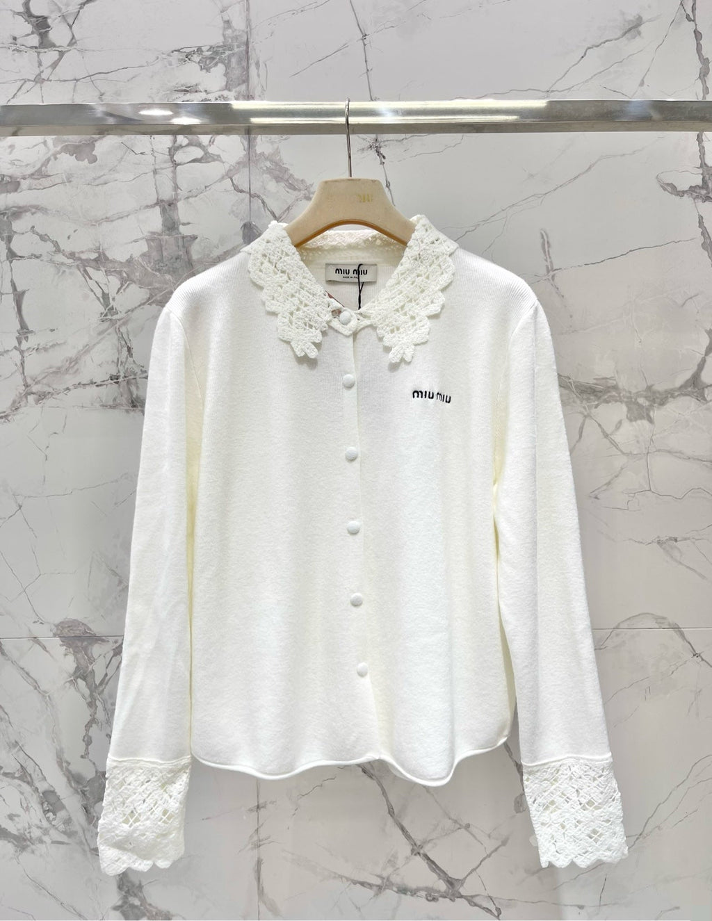 Miumiu 2025 Hollow-Out Crochet Collar Age-Defying Knit Cardigan Wool