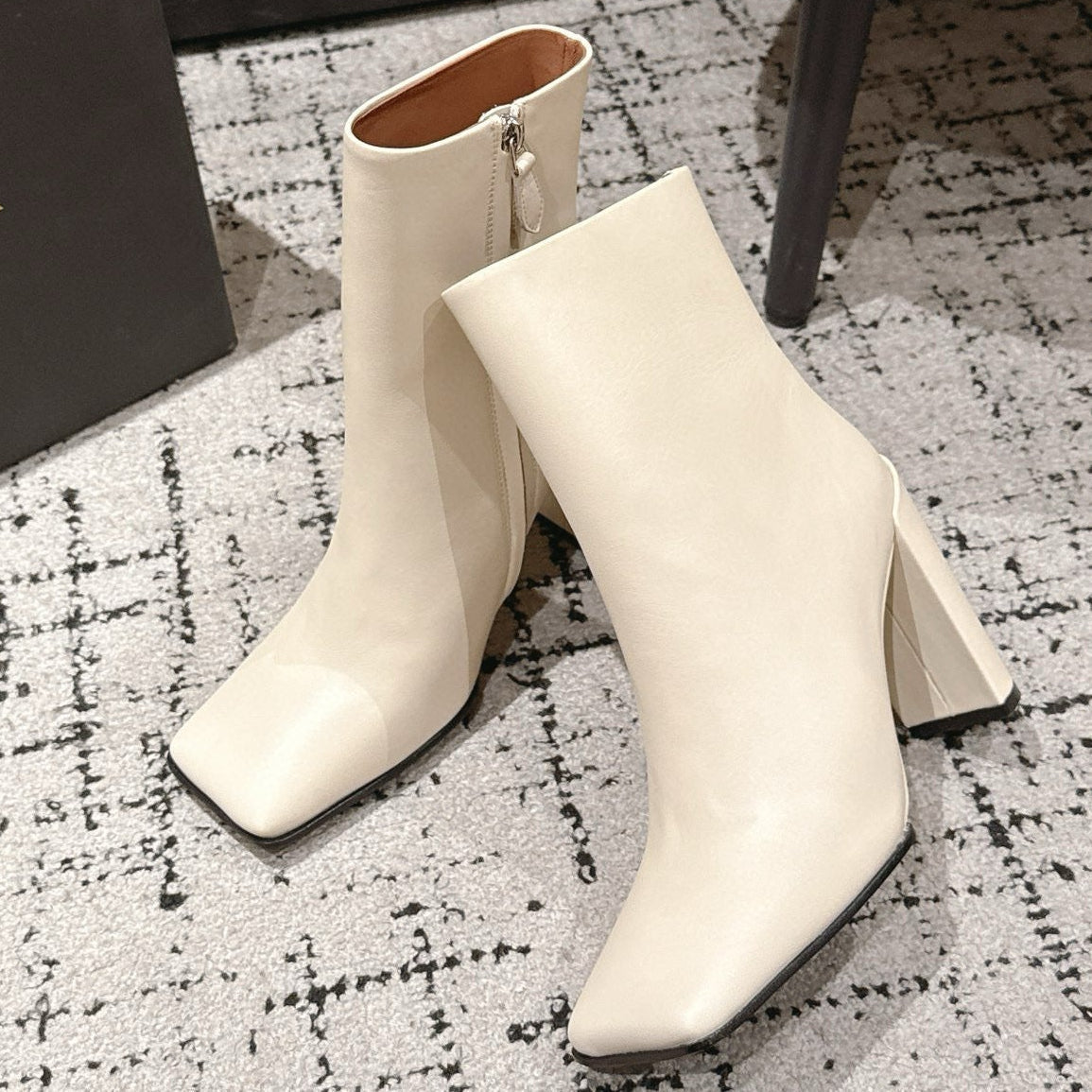 Alaia 2025 Square Toe High Heeled Ankle Boot Cream Calfskin 558664