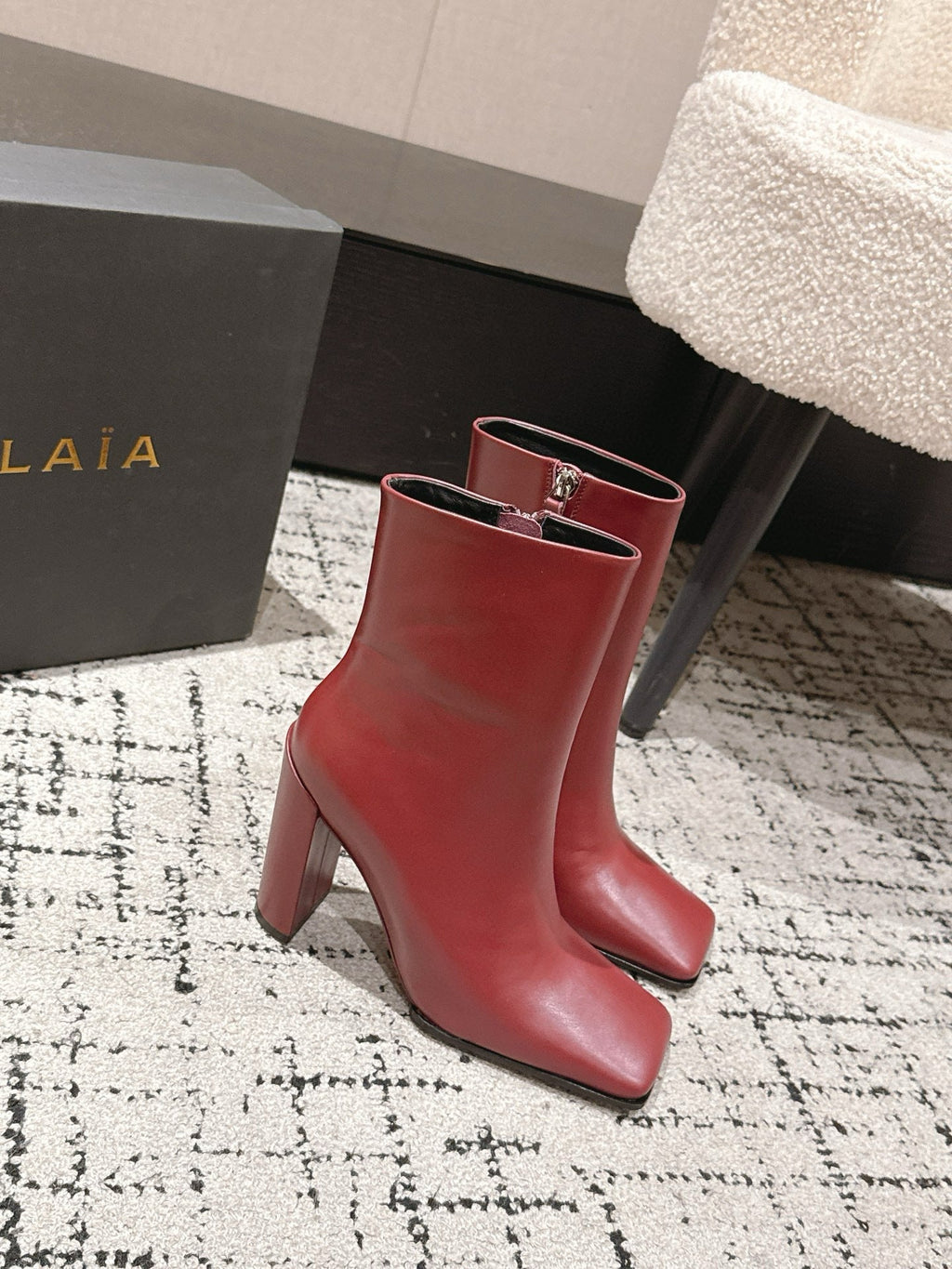 Alaia 2025 Square Toe High Heeled Ankle Boot Red Calfskin 558665