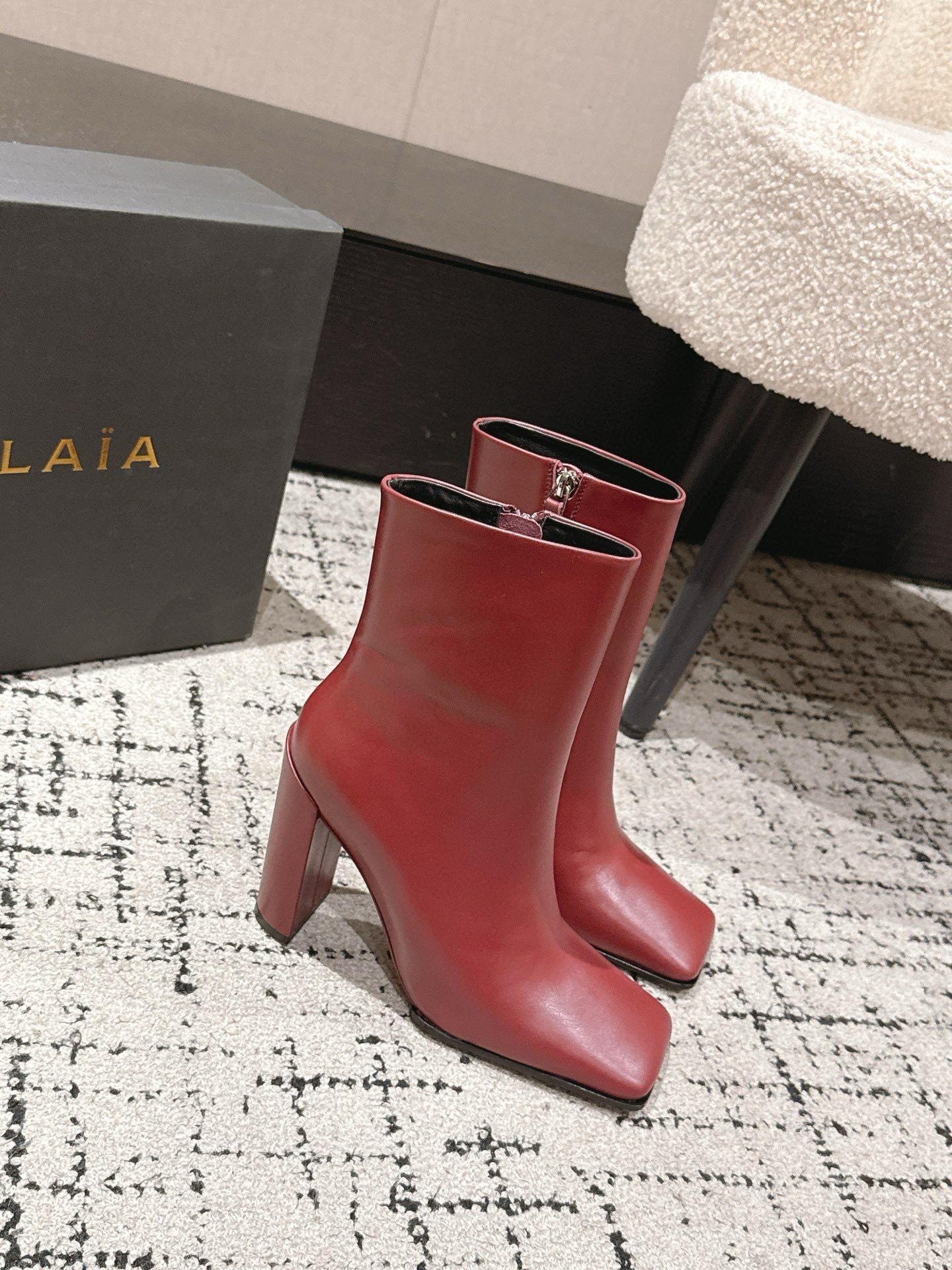 Alaia 2025 Square Toe High Heeled Ankle Boot Red Calfskin 558665