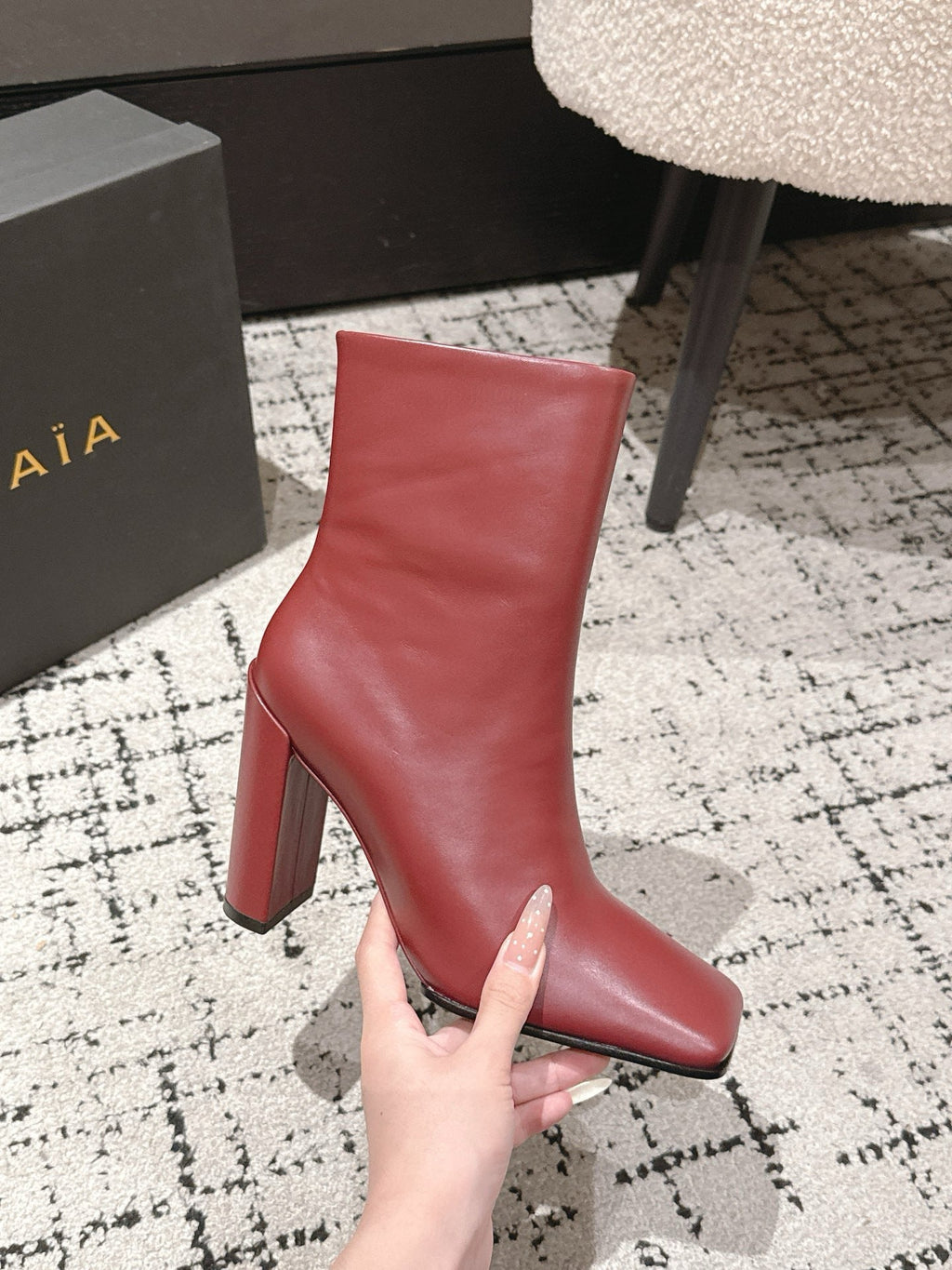 Alaia 2025 Square Toe High Heeled Ankle Boot Red Calfskin 558665