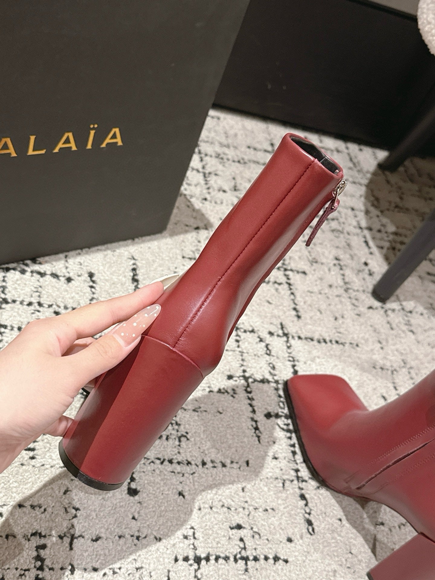 Alaia 2025 Square Toe High Heeled Ankle Boot Red Calfskin 558665
