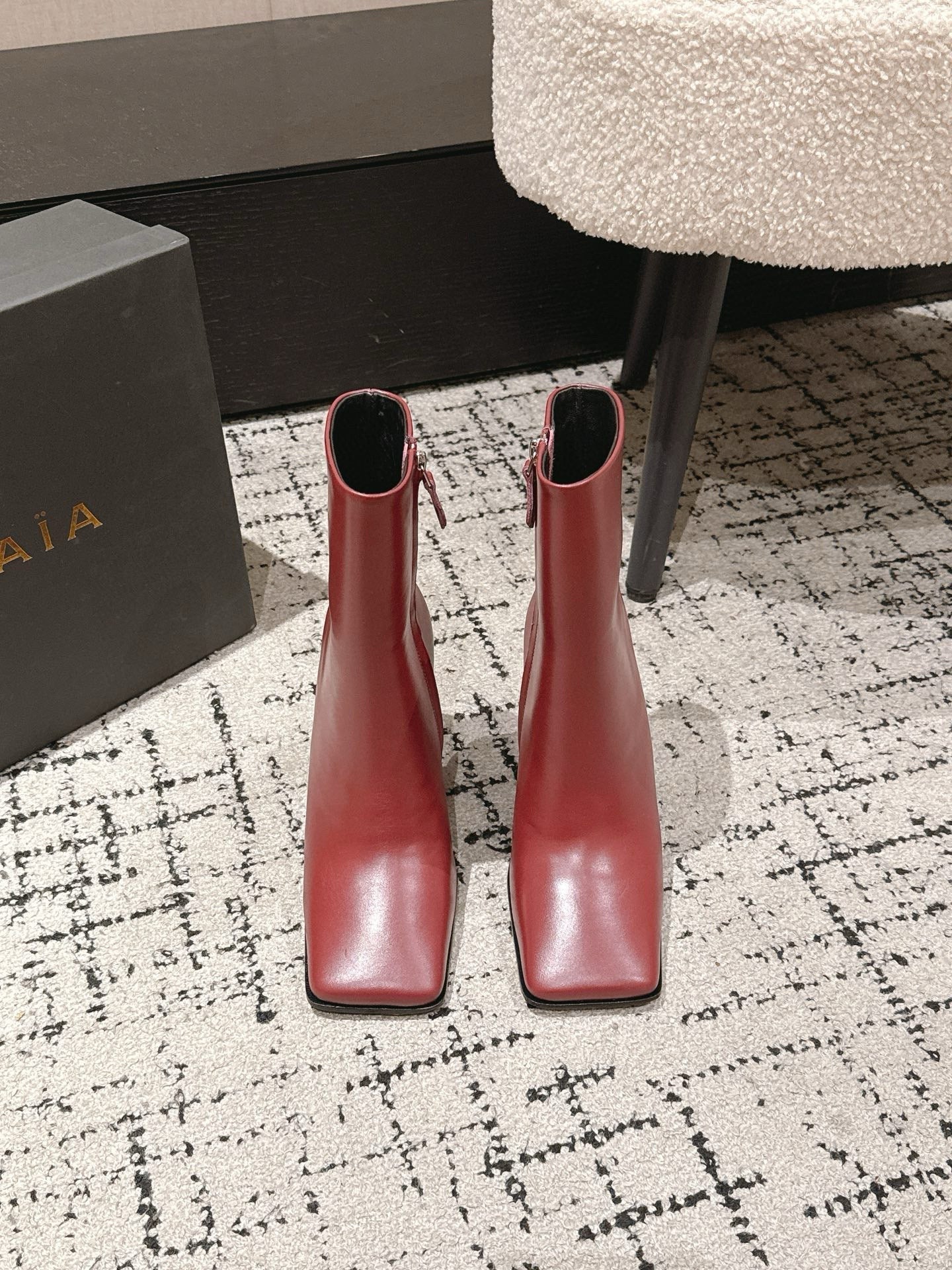 Alaia 2025 Square Toe High Heeled Ankle Boot Red Calfskin 558665