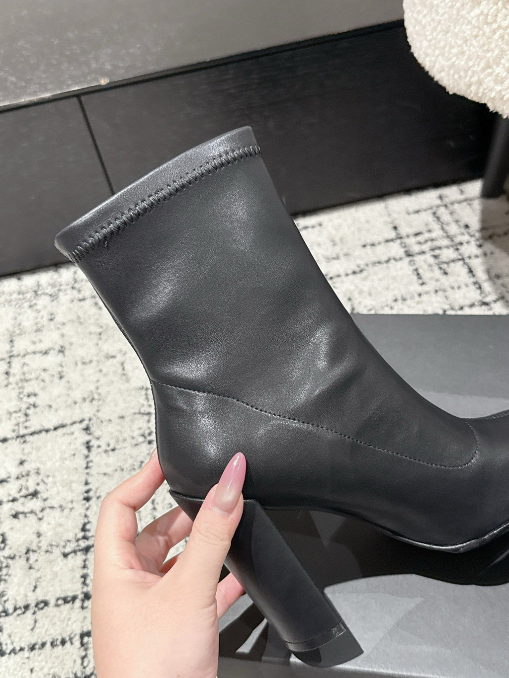 Alaia 2025 Square Toe High Heeled Ankle Boot Black Calfskin 558666