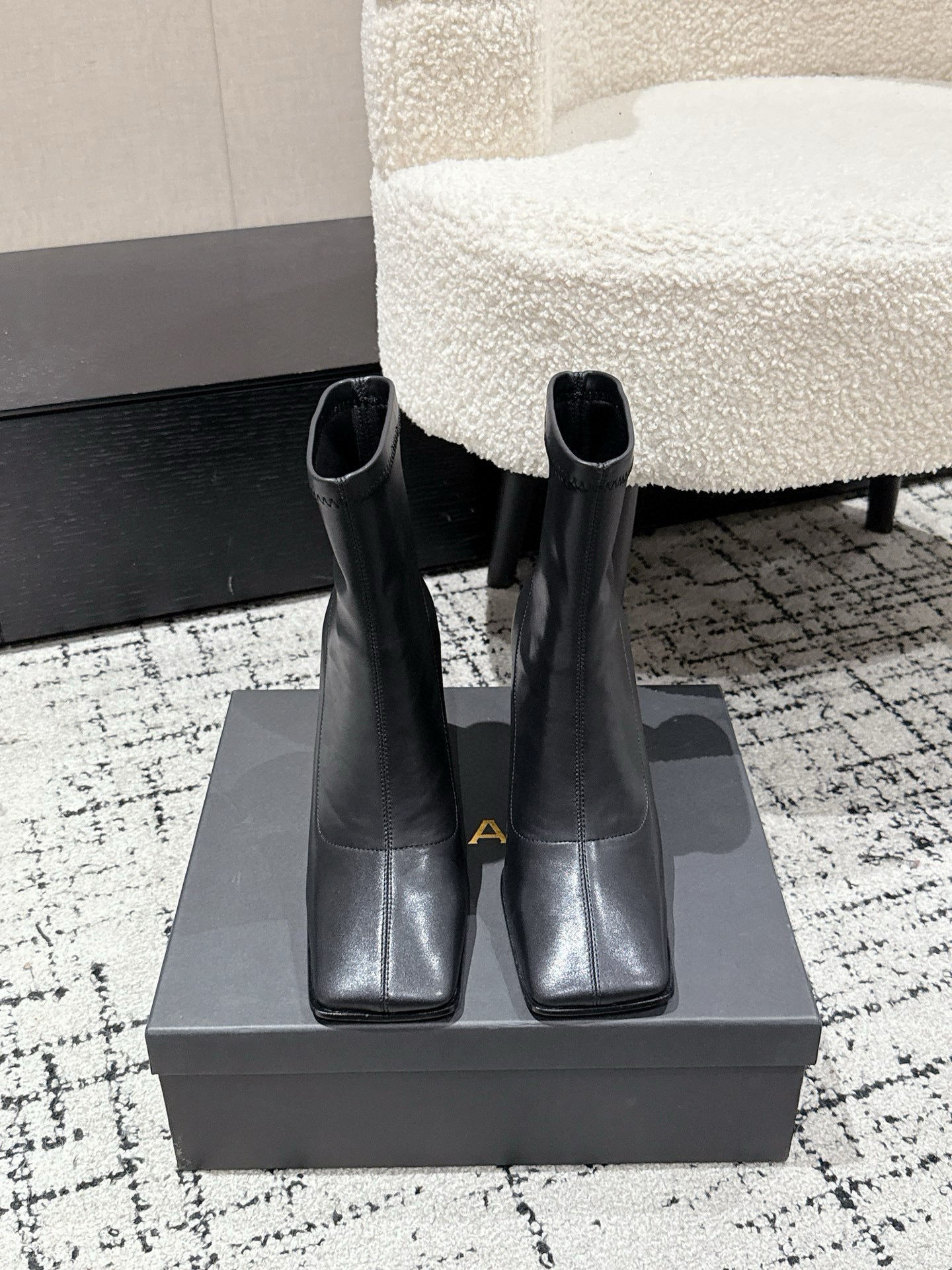 Alaia 2025 Square Toe High Heeled Ankle Boot Black Calfskin 558666