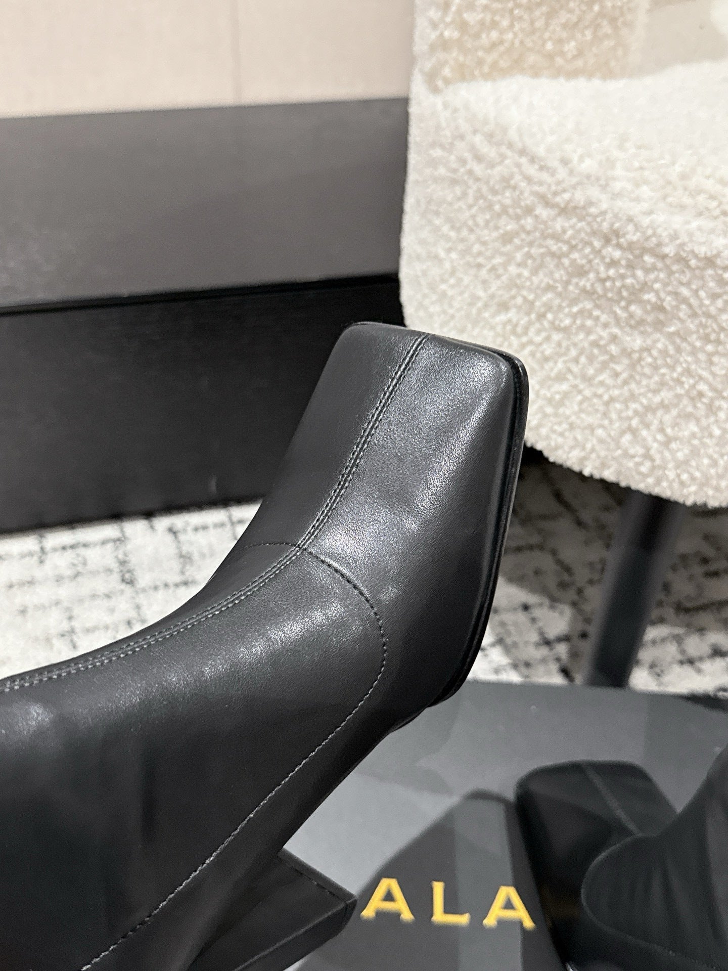 Alaia 2025 Square Toe High Heeled Ankle Boot Black Calfskin 558666