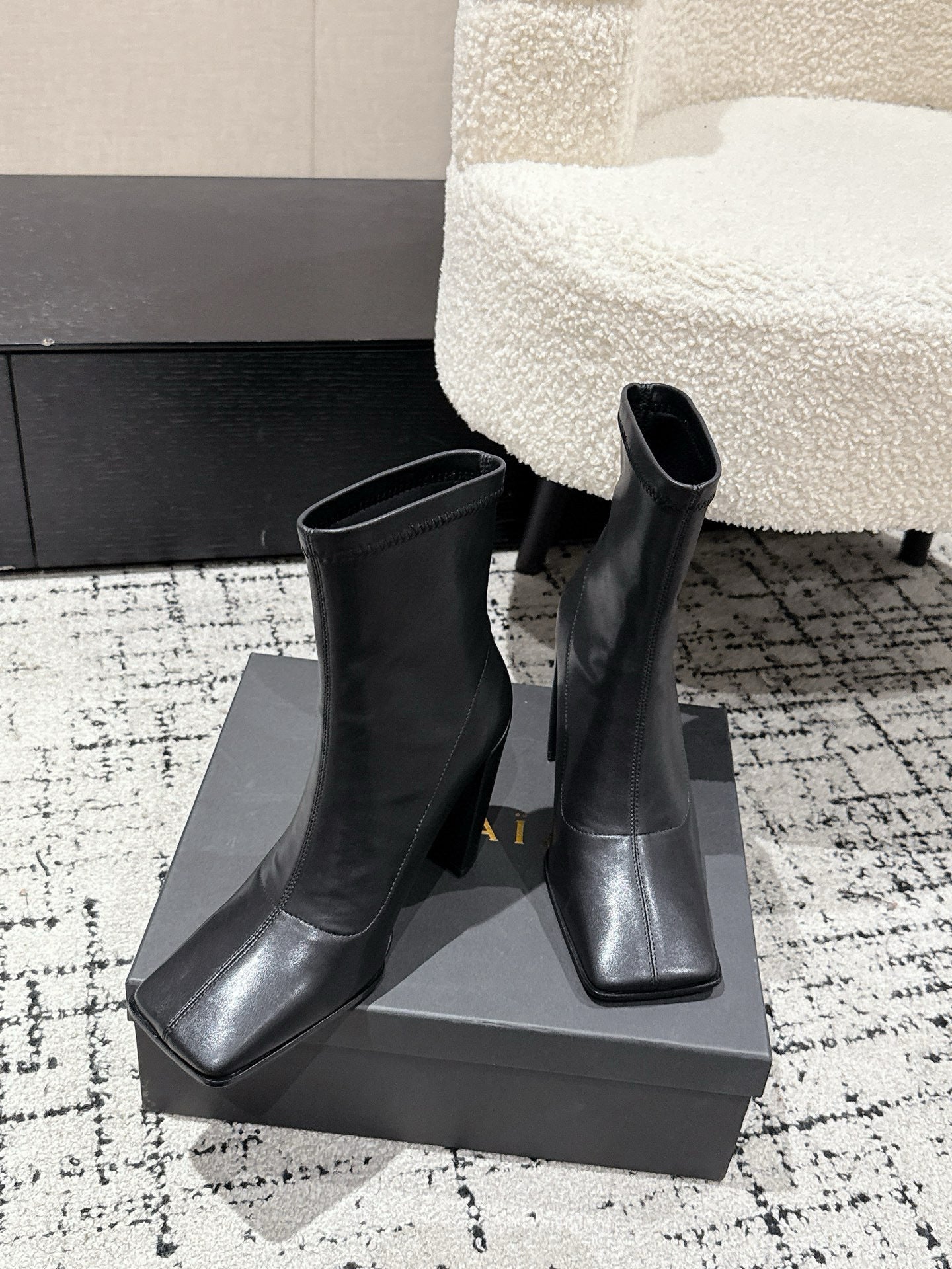 Alaia 2025 Square Toe High Heeled Ankle Boot Black Calfskin 558666