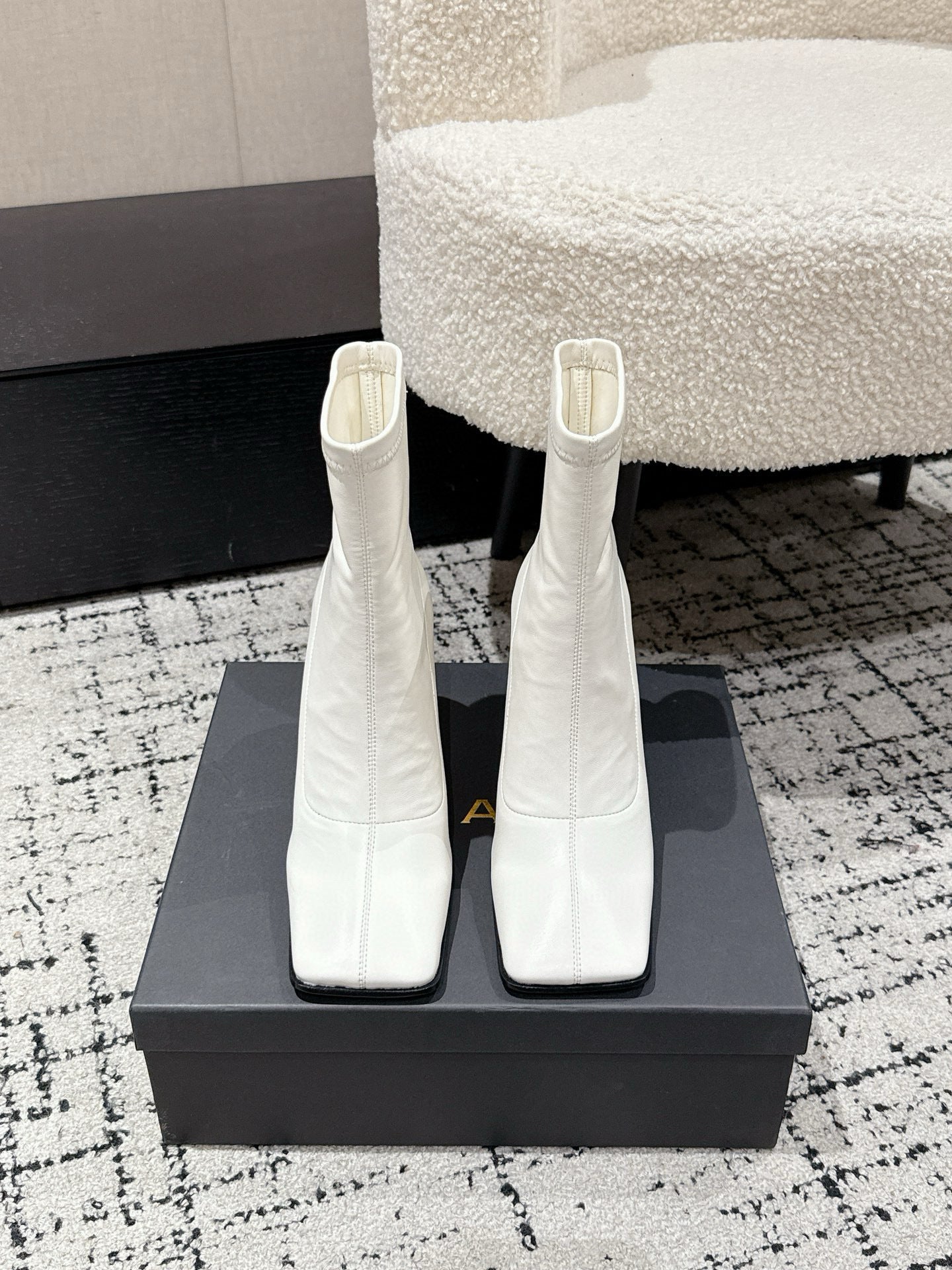 Alaia 2025 Square Toe High Heeled Ankle Boot White Calfskin 558667